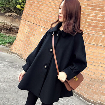 黑色斗篷小香风毛呢大衣女中长款2021秋冬新款韩版学生小个子外套黑色