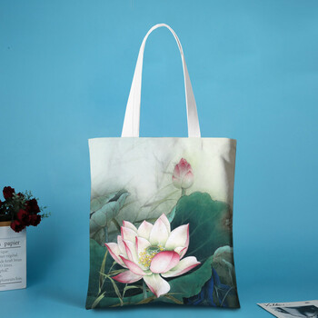 崇迈 古风帆布包工笔荷花水墨单肩包女时尚文艺中号购物帆布袋环保