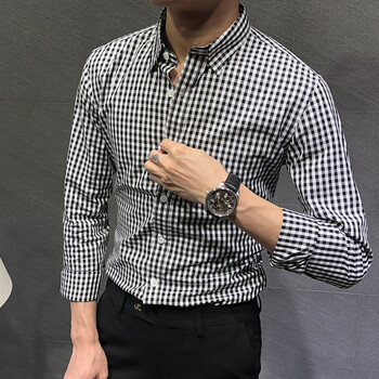 nasalike枞简新款修身长袖衬衫男士黑白小格子韩版雅痞休闲黑白色6257