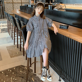 szhg女童夏季连衣裙公主裙子韩版大童女装12到13岁女孩夏装格子衬衫裙