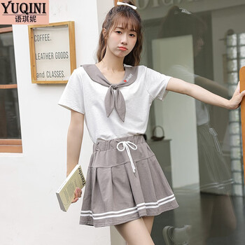 新款初中生高中生大学生运动短袖短裙子灰色防走光两装夏日穿搭洋气s