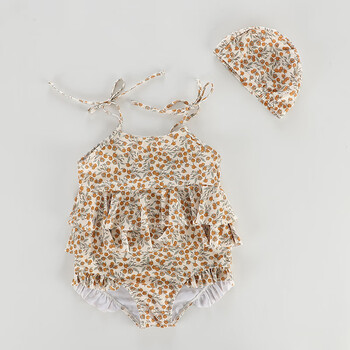 小衣枫柠檬小花女童泳衣婴幼儿连体泳装儿童长袖荷叶边游泳衣 小橘子