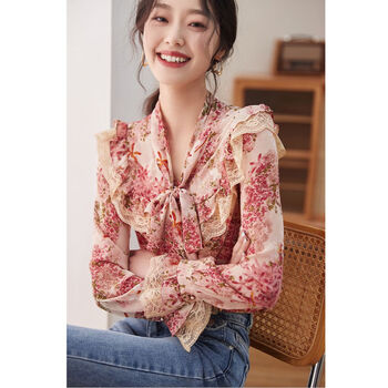 衬衫女秋季2023新款洋气衬衣女人味法式别致春秋雪纺衫长袖上衣花色m