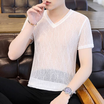泽万邦夏季男士透明短袖t恤上衣网纱镂空冰丝韩版速干修身薄款v领体恤