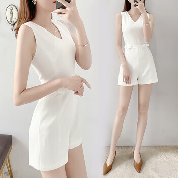 支持国货 夏季韩国无袖高腰阔腿短裤显瘦连衣裤白色气质雪纺连体裤