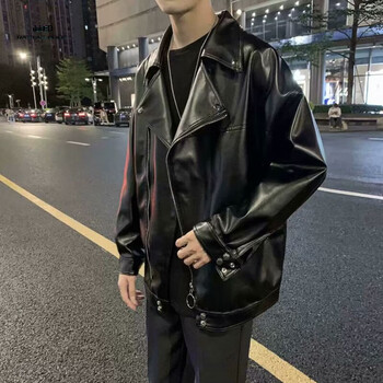 藤印男士装外套短款皮衣男春秋季2024年新款潮流骑士机车服痞帅黑色