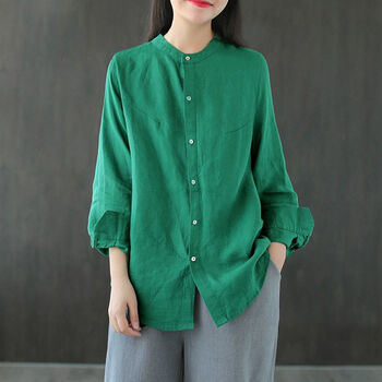 浪莎衬衣立领长袖棉麻衬衫女春季宽松百搭休闲禅意纯色亚麻棉上衣女士