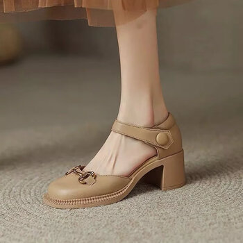 pjup真软皮单鞋女春夏2023新款罗马中跟粗跟高跟鞋圆头包头凉鞋杏色36