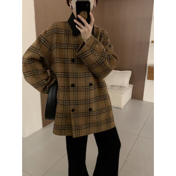 tezimyt格子羊绒外套女翻领短款秋冬新款复古格子双面大衣女韩版拼色