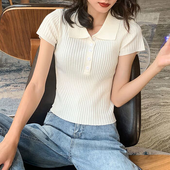 冰丝t恤女短款领polo衫紧身短袖夏季套头打底衫ins纯色体恤衫白色m