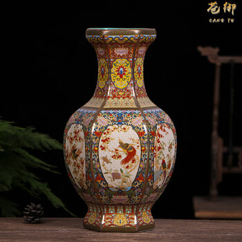 苍御景德镇陶瓷珐琅彩花鸟六方花瓶中式瓷器装饰品摆件陶瓷工艺品 蓝