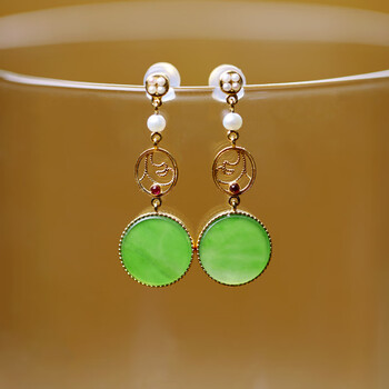 珠玥珠宝 碧玉耳钉 18k金镶玉圆形和田玉耳饰耳环女 绿色