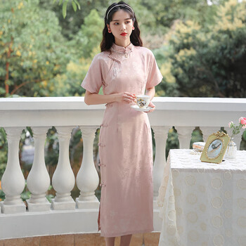 创京懿选旗袍高开叉改良版开襟长旗袍年轻款少女连衣裙民风粉色素雅