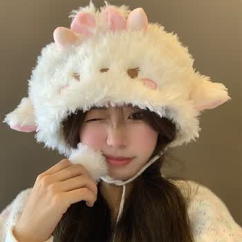 妙奚娅miuczyia小羊耳朵帽子女秋冬韩版甜美可爱毛绒帽显脸小保暖