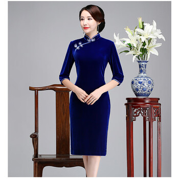 柒十念2021秋季新款素色旗袍纯色改良中长款旗袍裙日常中式丝绒旗袍裙