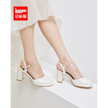 ief/爱依服凉鞋女2023年夏季新款法式珍珠一字带粗跟玛丽珍高跟鞋 米