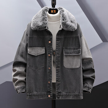 每匠 牛仔夹克男秋冬季潮牌男装外套毛领休闲宽松牛仔衣m-8xl g10黑色