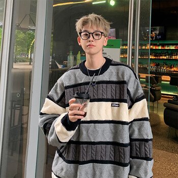 梵高圆领毛衣男秋冬季宽松加厚针织衫男学生美式复古打底线衣外套男装