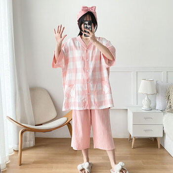 抒函夏季睡衣女大码双层棉纱短袖七分裤简约格子家居服粉色3xl130160