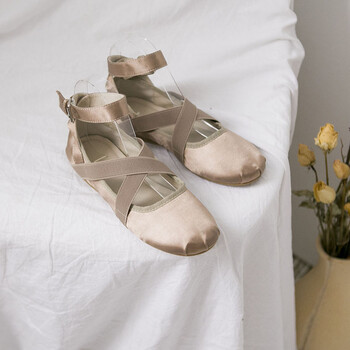 芭蕾舞鞋绑带圆头柔软绸缎交叉弹力带浅口扣带平底舒适鞋子 杏色 34