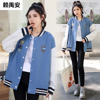 赖禹安少女牛仔棒球服春装初中学生韩版宽松大童夹克春秋季高中女生