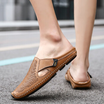 梵侈赫尔轻奢品牌潮牌夏季款无后跟半拖真皮豆豆鞋男一脚蹬懒人半拖鞋