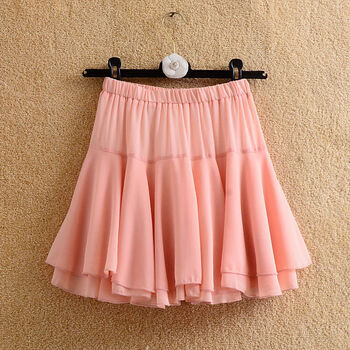 韩忠春夏季百搭雪纺百褶半身裙大摆短裙学生松紧防走光裙女 粉红色 s