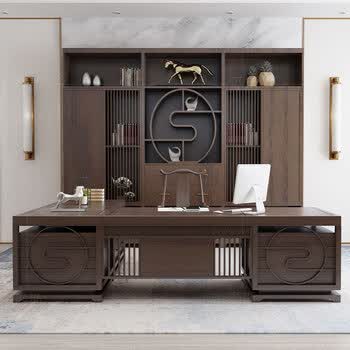 法诗琅郡新中式实木老板办公桌高档乌金木大班台经理董事长办公室家具