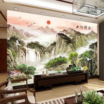 客厅影视墙布8d立体山水风景画无缝壁纸高清环保壁画丝绢布画锦绣河山