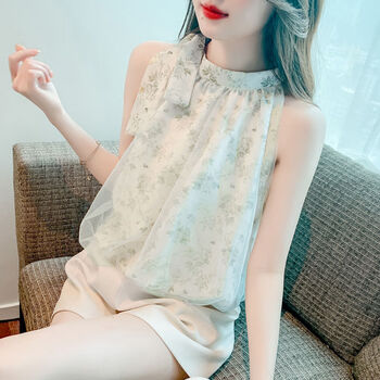 糖衣兔法式碎花无袖背心雪纺衫女夏季韩版小众气质露肩挂脖上衣图片色