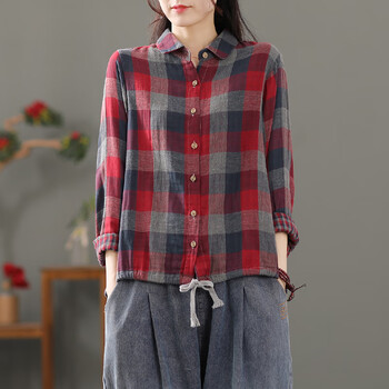 麻布衣服女春秋复古格子翻领长袖衬衫女式宽松文艺双层棉麻休闲上衣