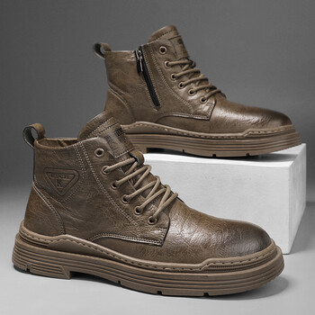 caldicekris中国ck中帮男鞋秋季厚底卡其色马丁靴高帮休闲工装皮鞋英