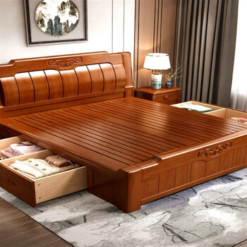 赣州南康中式实木床中式实木床双人床1米8工厂直销橡木床 海棠色单床