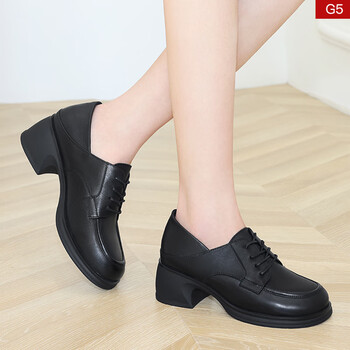 yxko粗跟英伦小皮鞋春秋中跟复古黑色工作鞋女高跟鞋真皮软面单鞋5861