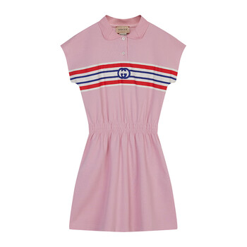 古驰 gucci 22春夏 奢侈品童装 女童粉色棉质互扣式双g条纹印花连衣裙