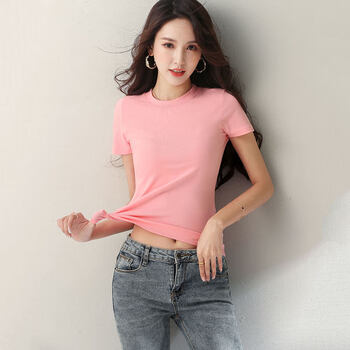 然往纯色棉质短袖t恤女新款小高领紧身洋气薄款半袖体恤浅粉色s
