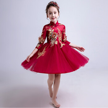 中式儿童礼服公主裙女童晚礼服蓬蓬纱古筝演出服花童婚纱裙长袖冬 酒