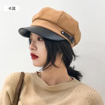 帽子女秋冬黑色pu皮质贝雷帽女英伦复古八角帽报童帽潮 皮质帽檐卡其