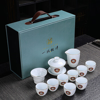 德化白瓷功夫茶具套装家用羊脂玉瓷泡茶盖碗茶壶茶杯陶瓷礼盒logo8杯