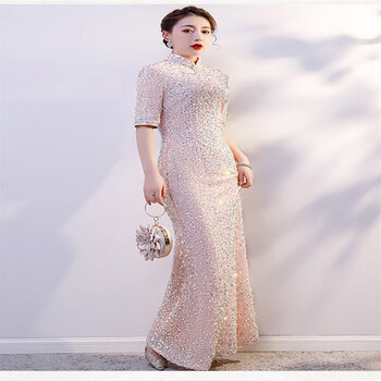 韦戒丝绒旗袍春季新款优雅气质红色年轻款走秀长旗袍演出服礼服裙香槟