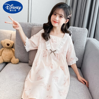 迪士尼女童睡裙夏季薄款大儿童冰丝棉家居服夏天小孩超仙睡衣公主风