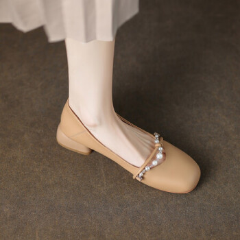 qitata他她温柔晚风杏色单鞋女新款珍珠配裙子玛丽珍鞋杏色34