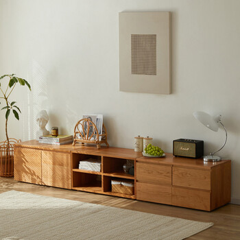客厅落地柜日式樱桃木简约收纳柜组合电视柜原木储物柜玻璃影视柜矮柜