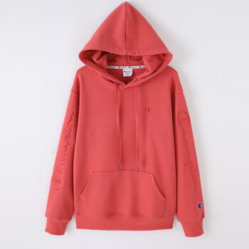 champion冠军红色加绒连帽卫衣女秋冬男女同款宽松刺绣纯棉上衣情侣装