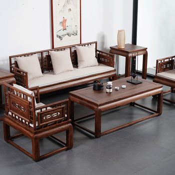 老榆木免漆烫腊中式客厅茶几沙发床禅意家具白茬 沙发六件套胡桃色