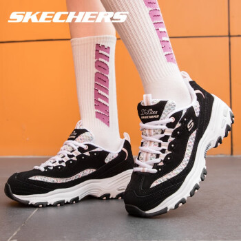 Skechers斯凯奇女鞋彩色流线熊猫鞋松糕厚底老爹鞋运动鞋官网旗舰 黑色/浅粉色 35