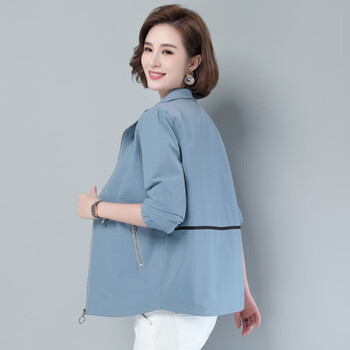 女春秋新款秋季衣服翻领女士夹克衫时尚休闲外衣百搭短款上 雾霾蓝 m