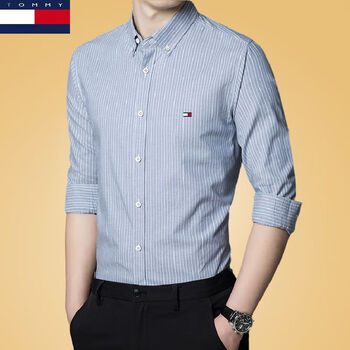 tommyjeans漡米长袖衬衫男商务休闲版纯色百搭衬衣长袖条纹衬衫灰条