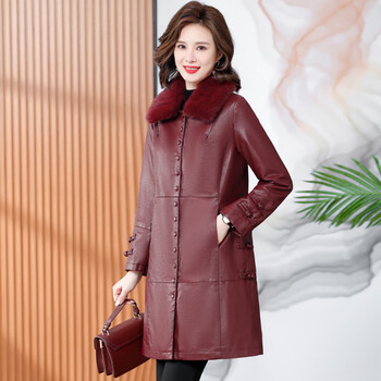 皮衣女外套秋冬宽松中长款棉衣女装皮外套加棉皮衣 红色 xl
