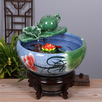 流水鱼缸流水摆件循环水客厅办公室招财鱼缸装饰景德镇陶瓷鱼缸客厅
